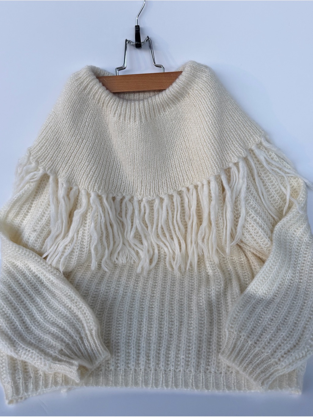 Michael Simon Cream Turtleneck Fringe Sweater